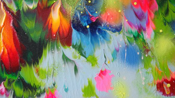 "Hummingbirds and Flowers" LARGE Abstract painting