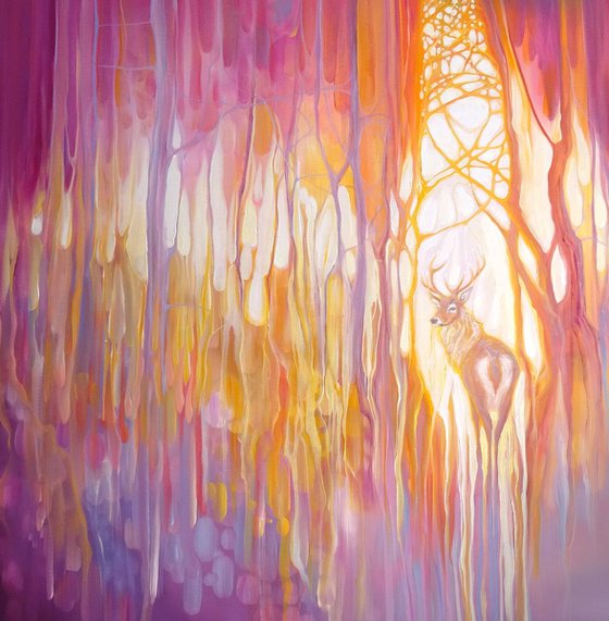 The Guide - a Celtic style painting of a stag in an abstract forest