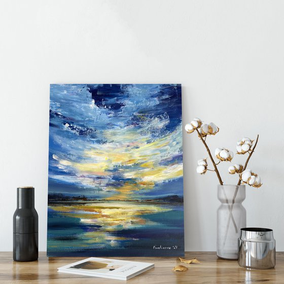Sea  landscape painting, dawn at the sea acrilic abstraction, blue abstract artwork , sea and sky original art medium size