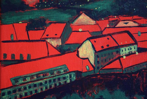 Big acrylic painting Red roofs of Prague, green and red