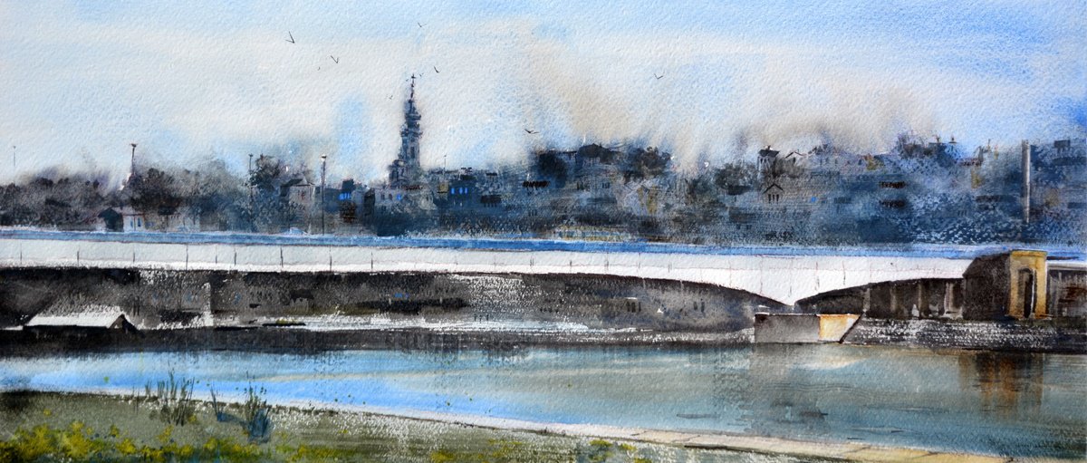 Blue day at Brankos bridge Belgrade 23x54 cm 2024 by Nenad Kojic watercolorist