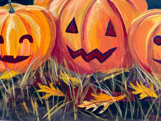 Halloween Gouache Painting Original, Pumpkins Wall Art, Cute Spooky Pumpkins, Fall Home Decor