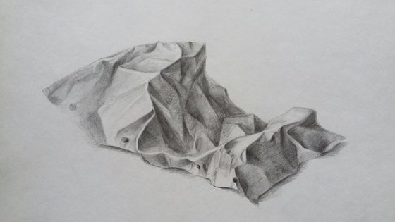 Realistic pencil drawing on paper, graphite drawing, minimalist drawing of  scrunched piece of paper, modern art, original fine art.
