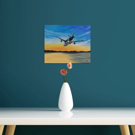 First flight, sky plane oil painting, Gift, impressionistic work