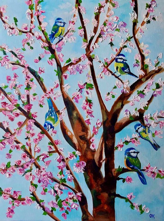 Apple tree in bloom with a flock of blue tits, spring in London, white, pink, turquoise 82 x 61 cm,  ready to hang oil painting