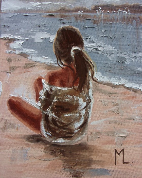 " ON THE OTHER SIDE ... " SUN SKY SEA SAND liGHt  ORIGINAL OIL PAINTING, GIFT, PALETTE KNIFE