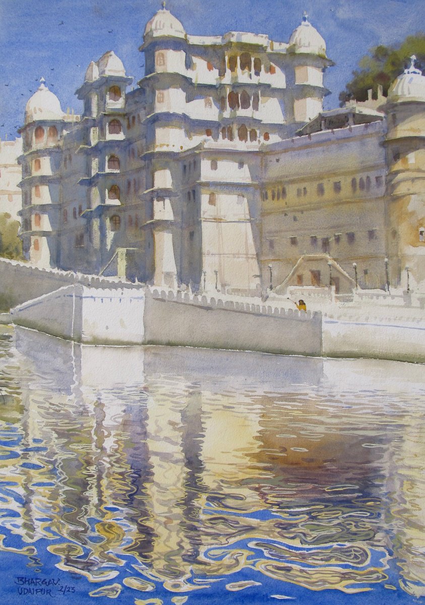 Impressionistic Cityscapes Watercolour By Bhargavkumar Kulkarni, 14 X 20, White City, Udaipur, Original Artwork