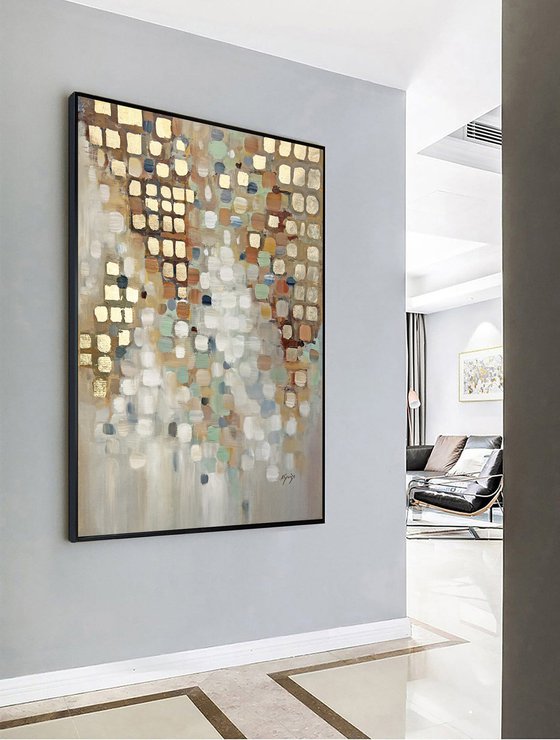 Mirage - Gold Cubes Abstract Painting, Gold Leaf Soft Pastel Colors, Original Painting, Modern Art, Living Room Decor Texture Acrylic Painting