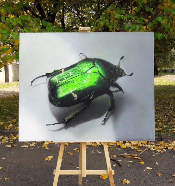 Green beetle art, insect painting, green glowing beetle, hyperrealism, realistic painting