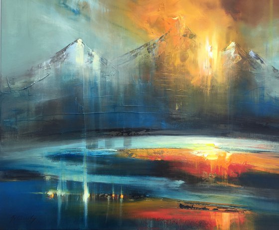 Blue Symphony - 80 x 80 cm abstract landscape oil painting in blue and red