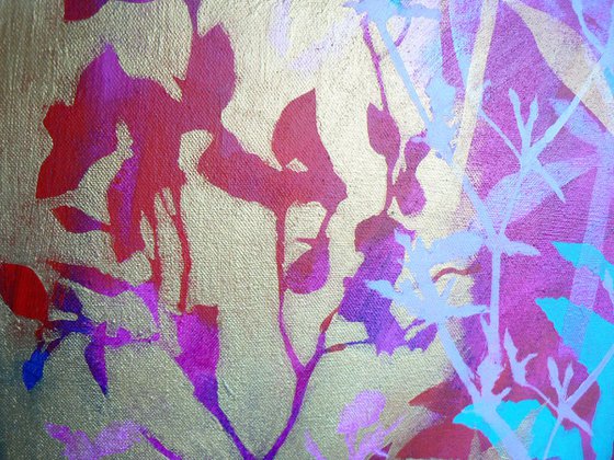 Chinoiserie  ( vibrant semi abstract flower painting with gold - ready to hang)