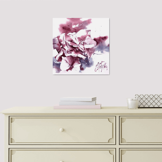 "Expressive twilight hydrangea" original watercolor artwork in square format