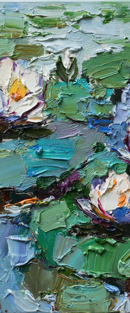 White Water Lilies - Pond flowers  Impasto Original Oil painting by Anastasiia Valiulina