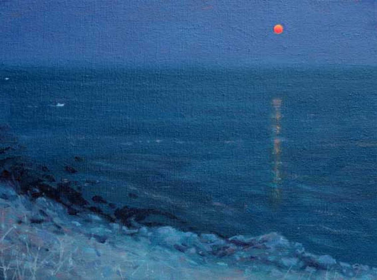Impressionistic Landscape Oil Painting By Derek Hare, 21 X 17, Moonrise Off Algarve Coast, Original Artwork