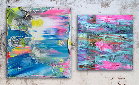 "I'm Rubber You're Glue" - Original PMS Abstract Acrylic Painting Diptych on Canvas and Wooden Panel - 44" x 27"