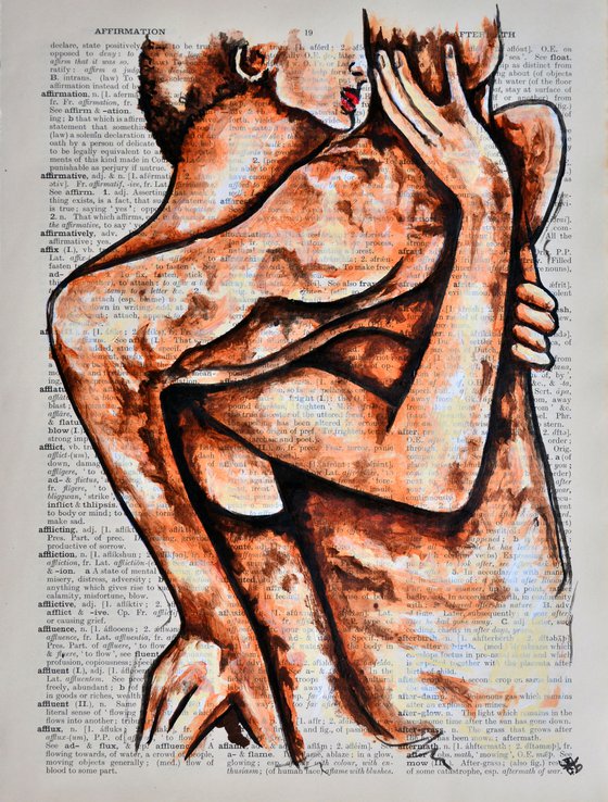 Lovers - Together Forever - Original Painting Collage Art On Large Real English Dictionary Vintage Book Page