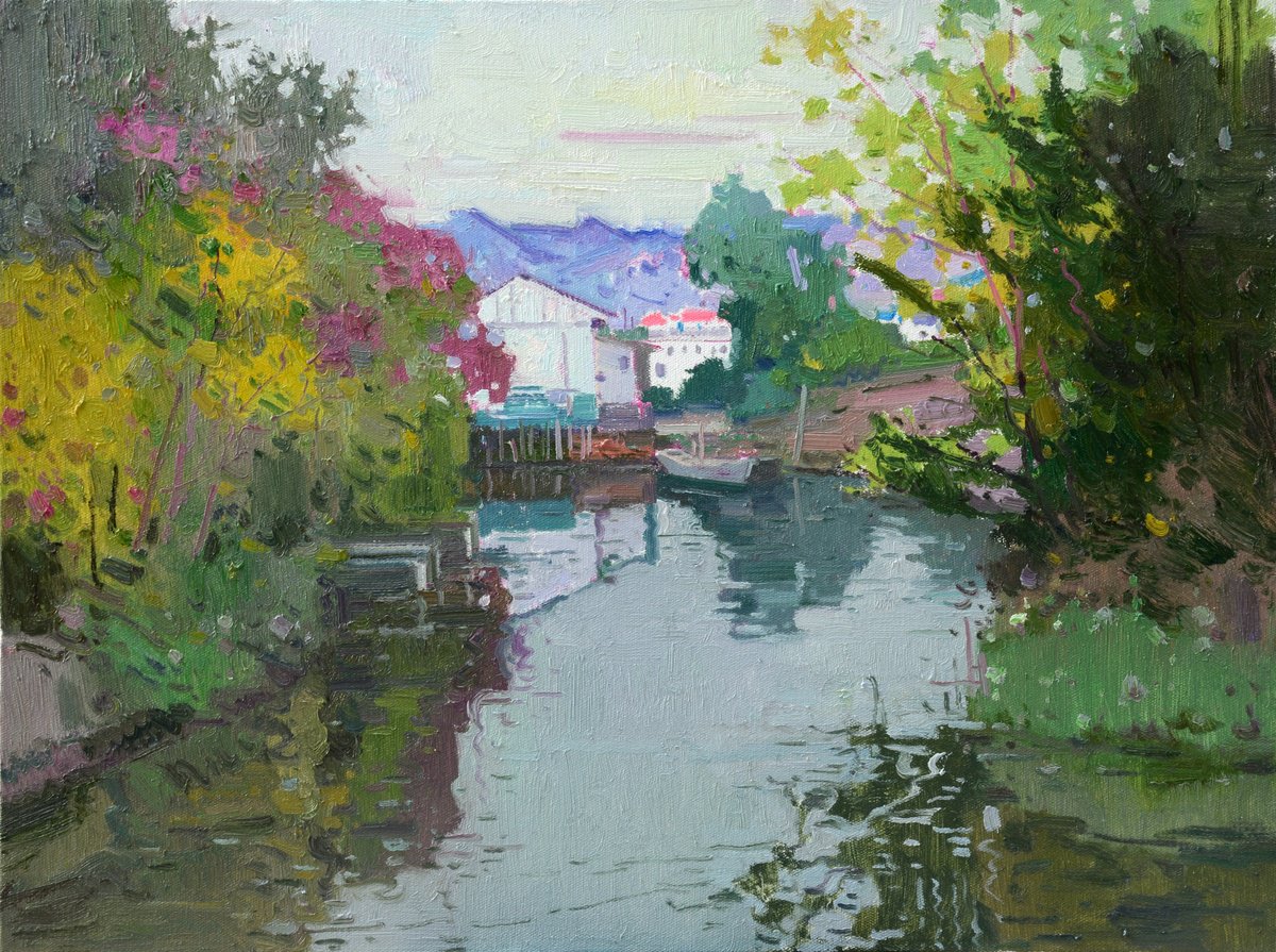 Impressionistic Landscape Oil Painting By Jianzhe Chon, 31 X 24, River In The Village 216, Original Artwork