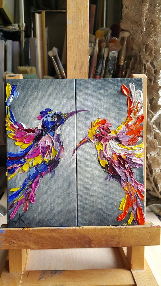 On distance - oil painting, hummingbird, birds, animals, art bird, Impressionism, palette knife, gift.