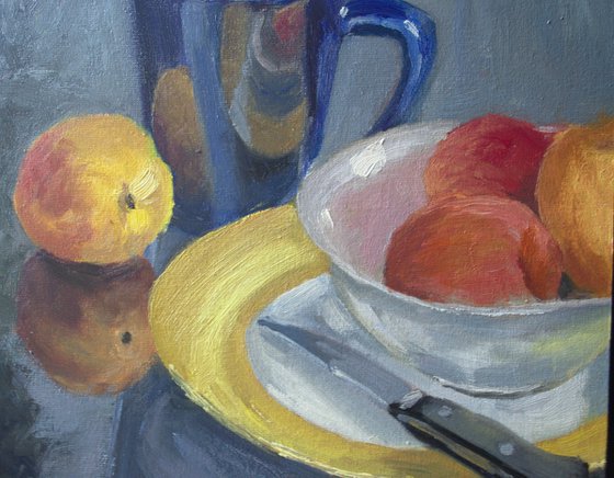 Peaches in a Bowl - Still Life Painting, One of a kind artwork, Home decor