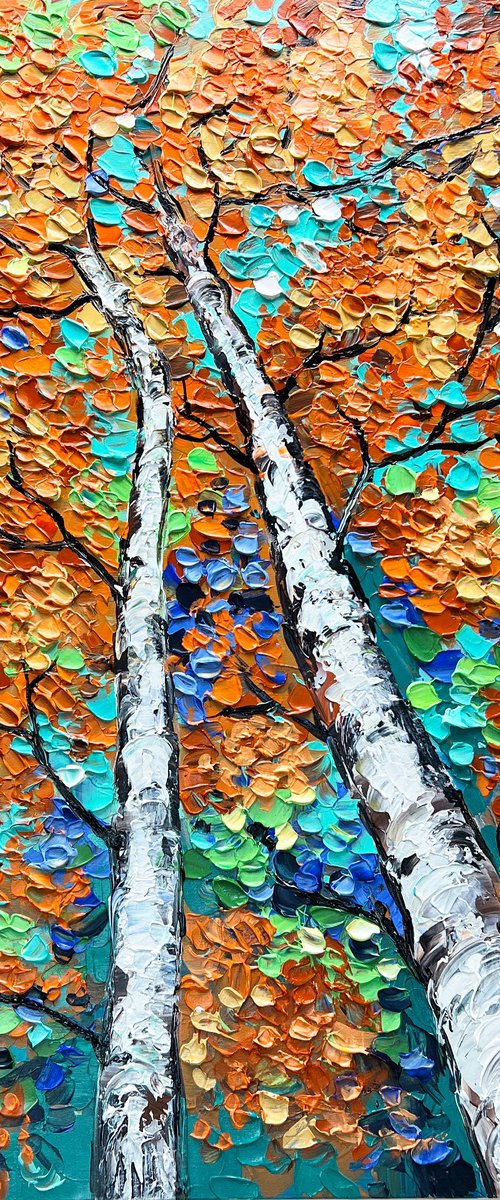 Entwined - 3D Textured Fall Gold Birch Trees Landscape Painting on Canvas, Original Abstract Nature Textured Tree Painting - SIZE: 24 X 32 INCHES (60 X 80 CM) by Lana Guise