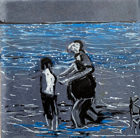 Holiday Acrylic Painting of Man and Children in the Sea Art Home Decor Gift Ideas