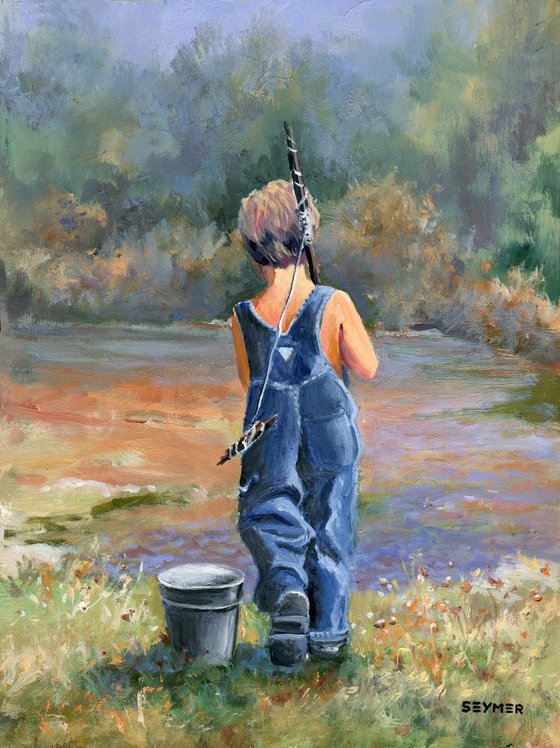 Boy fishing oil painting, 'Happy summer days'.