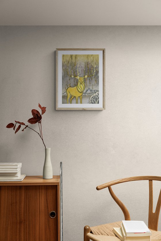 Golden deer, yellow deer on gray backgraund, gold leaf