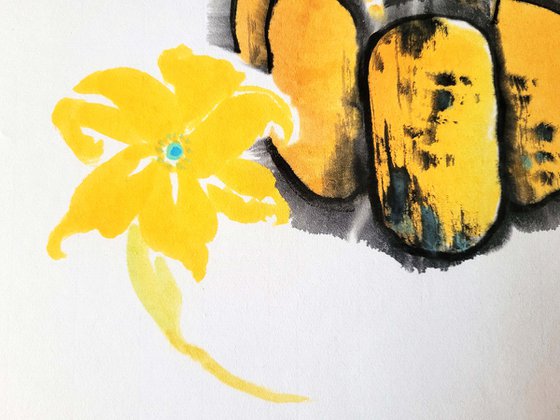 Pumpkin and flower - Pumpkin series No. 03 - Oriental Chinese Ink Painting