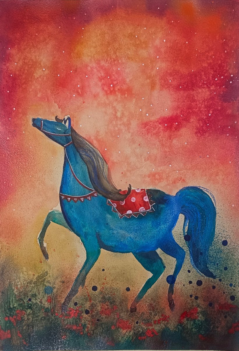 Illustrative Animal Watercolour By Evgenia Smirnova, 12 X 17, Blue Horse, Original Artwork