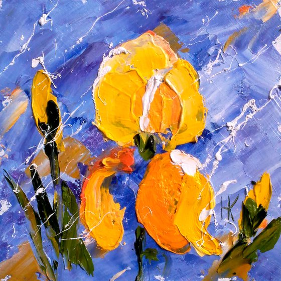 Irises Painting Floral Original Art Abstract Yellow Flowers Small Oil Impasto Pallete Knife Artwork Home Wall Art 6 by 6" by Halyna Kirichenko