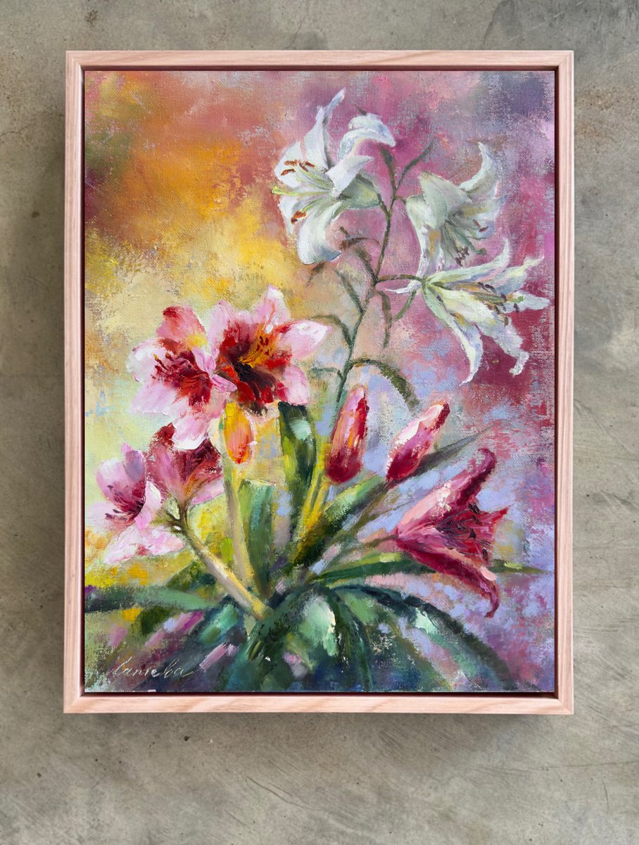 Impressionistic Botanical Oil Painting By Olha Laptieva, 14 X 18", Multicolored Lilies, Original Artwork