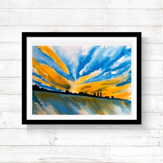 Skyscape Painting Ukraine Original Art City Watercolor Landscape Artwork Home Wall Art 17 by 12 by Halyna Kirichenko