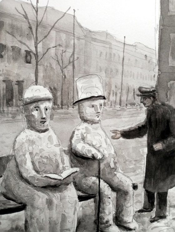 Men bothering some snowmen