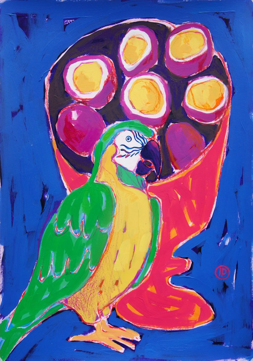 Impressionistic Animal Painting By Irina Plaksina, 8 X 12, Parrot And Passion Fruits, Original Artwork
