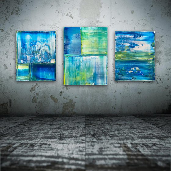 "Just Chillin" - Save As A Series - Original PMS Abstract Acrylic Painting Triptych On Canvas - 50" x 24"