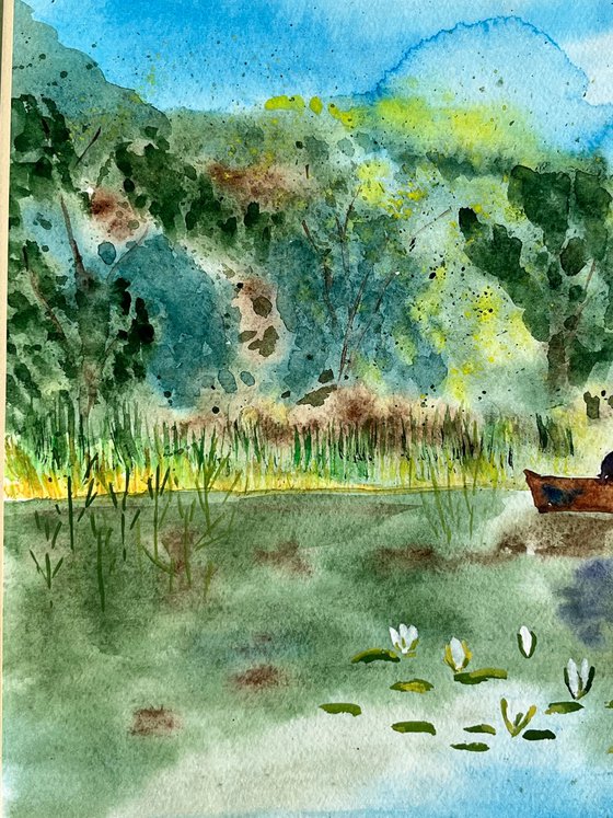 Fishing original watercolor painting