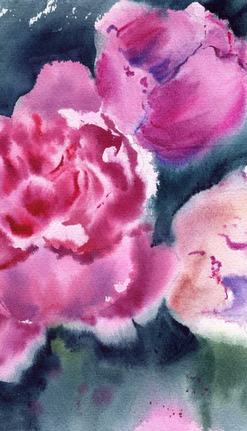 Blooming pink peonies. Original artwork. by Evgeniya Mokeeva