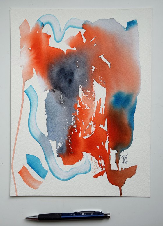 Abstract wall art, Contemporary Watercolor Painting, Modern Abstract blue and orange