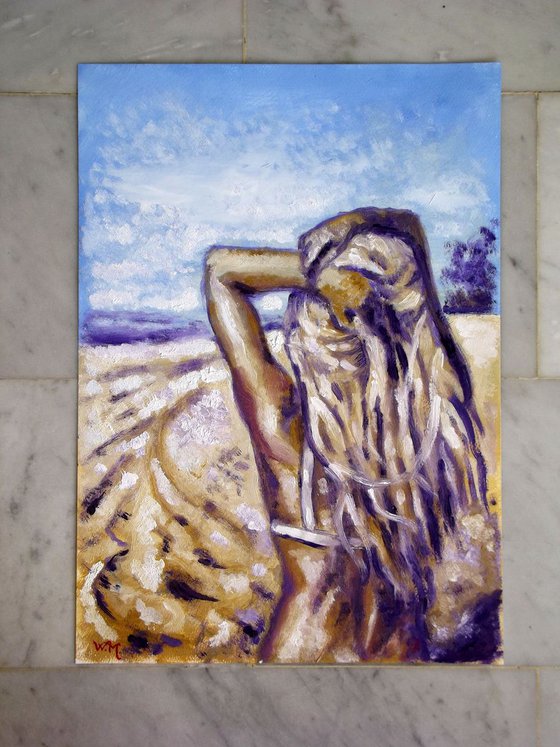 SEASIDE GIRL - GIRL WATCHING THE HORIZON - Oil painting (30x42cm)