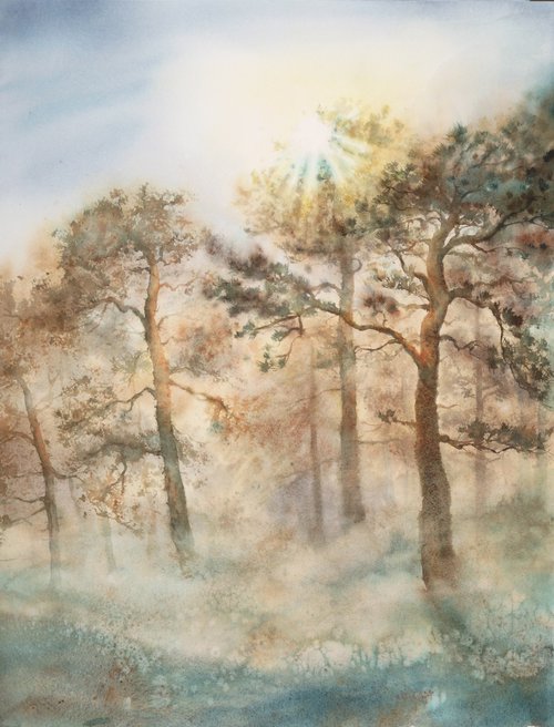 Misty Morning in the Pine Forest by Olga Beliaeva Watercolour
