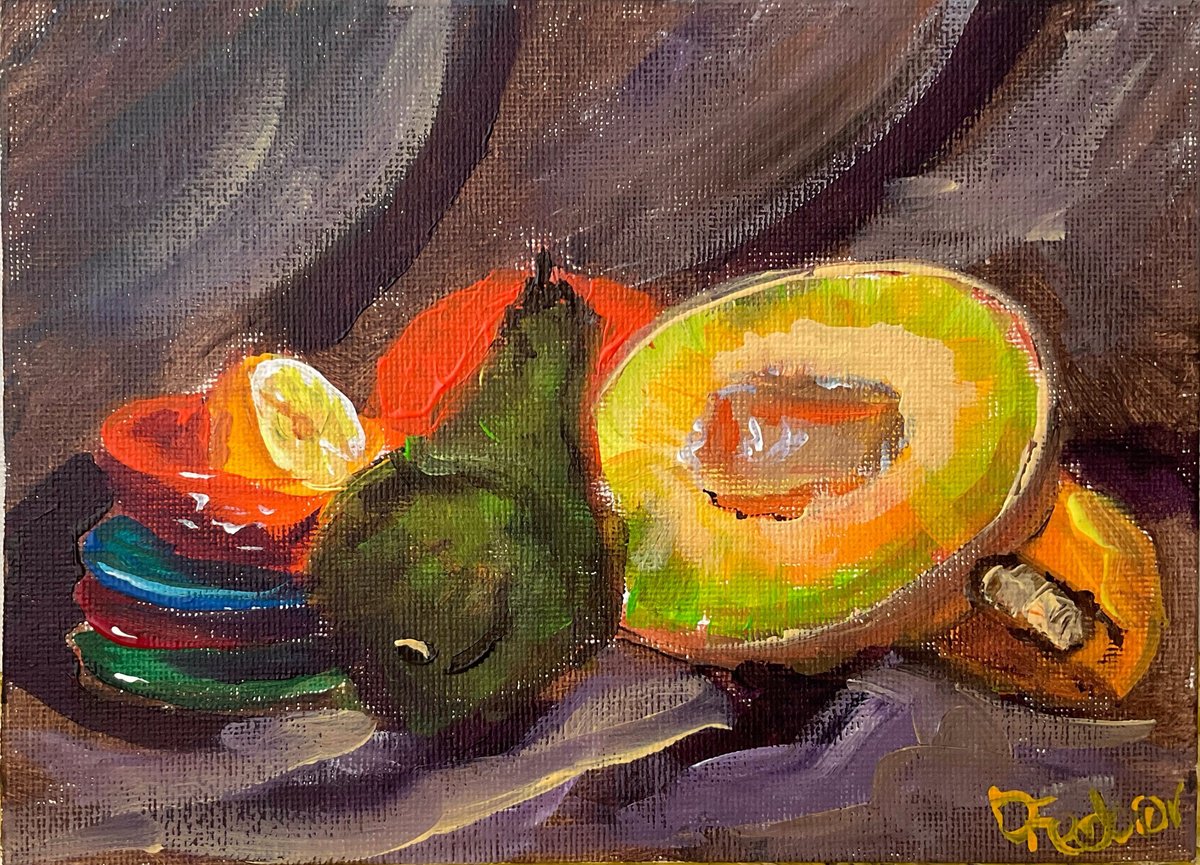 Impressionistic Still Life Acrylic Painting By Dmitry Fedorov, 7 X 5, Still Life With Fruits, Original Artwork