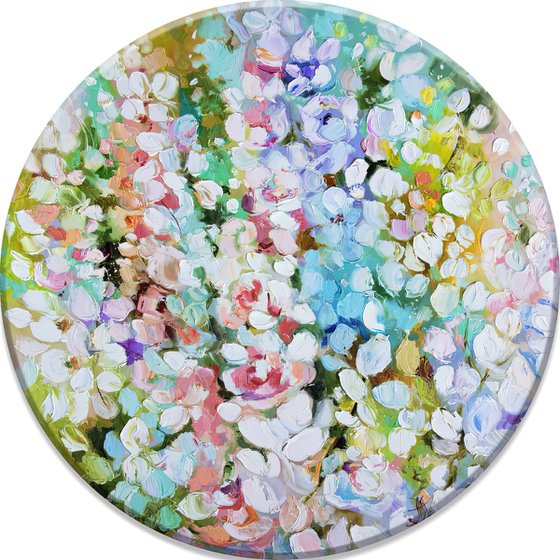 Сolorful flowers oil painting. Floral picture on round canvas