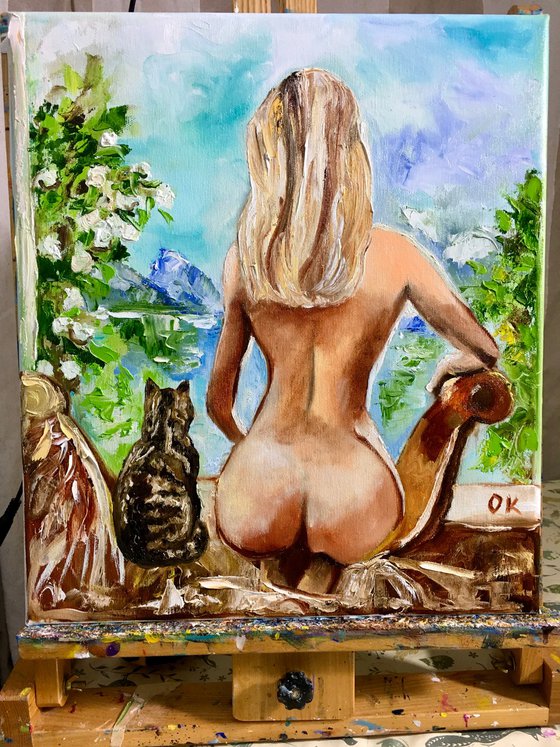 Meeting a new day, Nude and cat  by the window