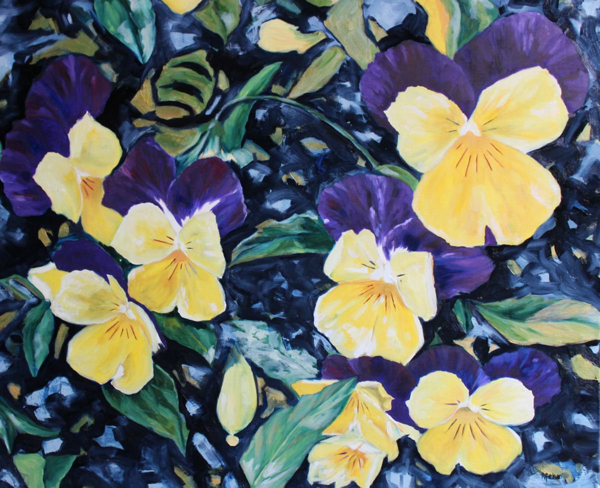Photorealistic Botanical Oil Painting By Afekwo, 25 X 22, Pansies, Original Artwork