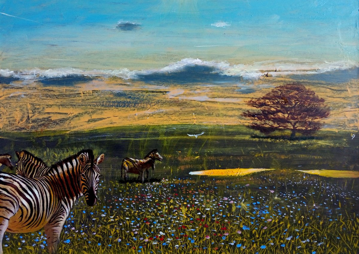Illustrative Landscape Oil Painting By Serhiy Roy, 23 X 17", Golden Lakes Of Africa., Original Artwork