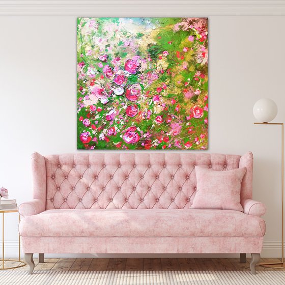Rose Bush - 100x100 cm Large abstract painting. Pink red burgundy light green wall art