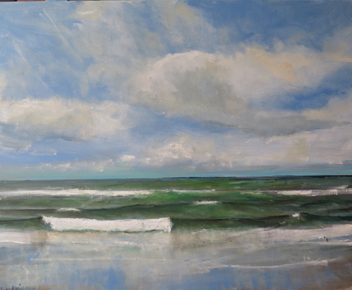 Impressionistic Landscape Oil Painting By Malcolm Ludvigsen, 30 X 24", Winterton Waves, Norfolk, Original Artwork
