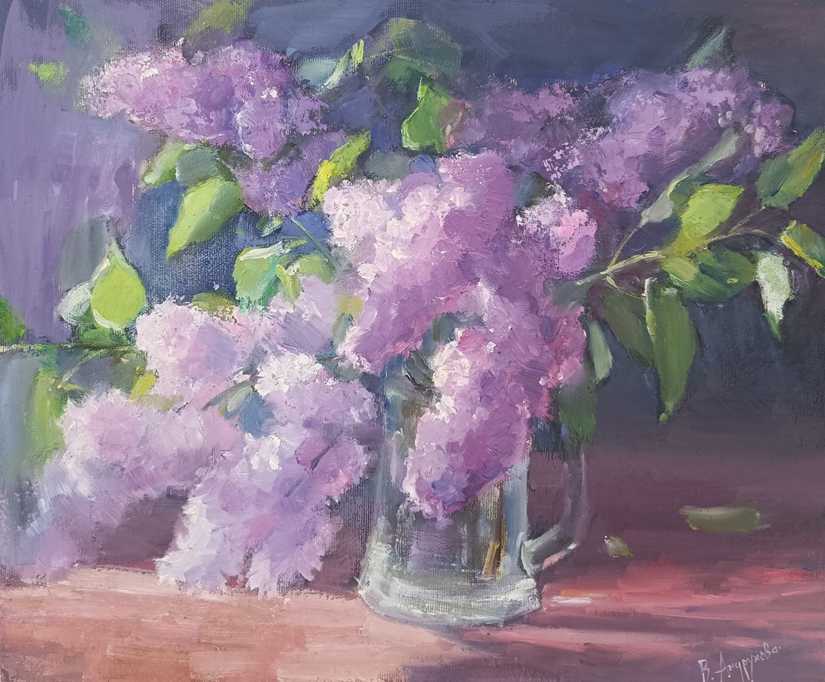 Impressionistic Botanical Oil Painting By Valentina Andrukhova, 16 X 13", Lilac, Original Artwork