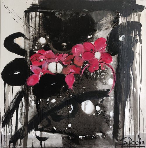 Abstract and figurative Artwork red flowers on black and white background Acrylic  and fine tissue  100x100 by Sylvie Dodin