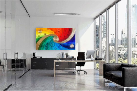 Rainbow Gold Large painting A297 100x180x2 cm set of 3 original acrylic paintings on stretched textured canvas